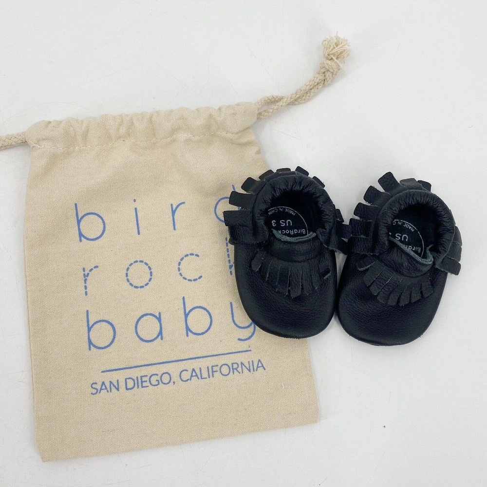 Bird Rock Baby Leather Moccasins Soft Sole Shoes Black Sz 3